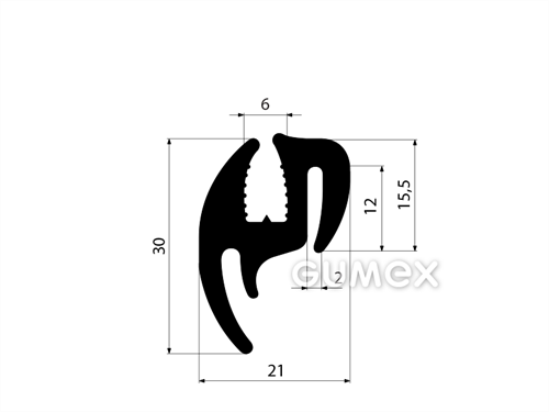 Pryžový profil do oken dopravních prostředků bez klínku, 30x21/6/2mm, 80°ShA, EPDM, -40°C/+100°C, černý